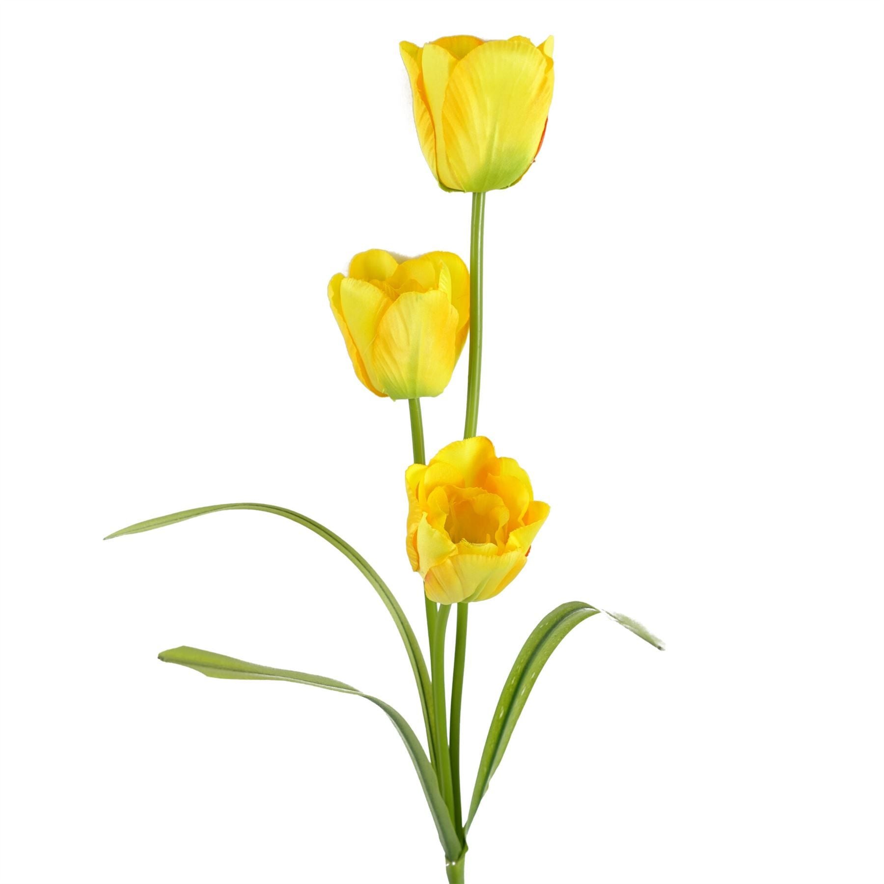 Leaf 80cm Artificial Yellow Tulip Stem with 3 Flowers, Silk Petals, Wired Stem, Realistic Leaves
