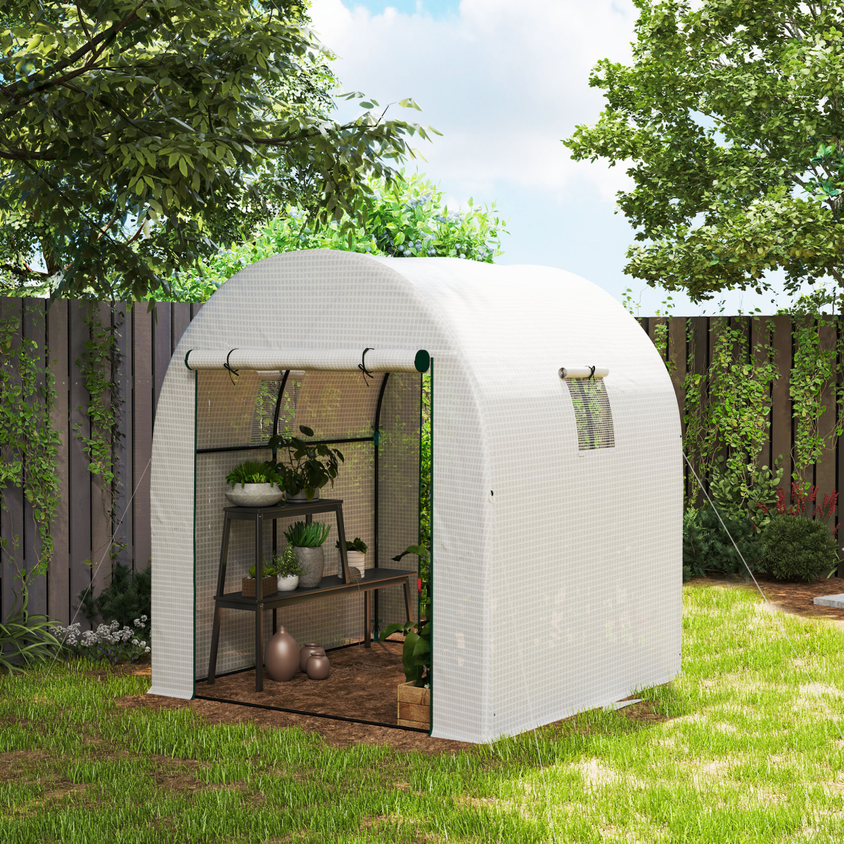 Walk-In Tunnel Greenhouse with Steel Frame, Roll-Up Doors and Mesh Windows