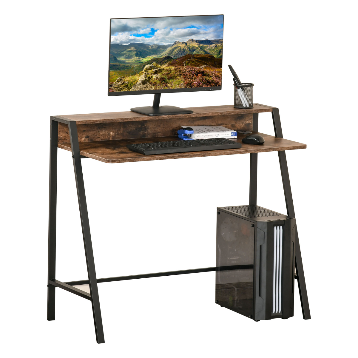 HOMCOM Rustic Brown Writing Desk Computer Workstation with Storage Shelf