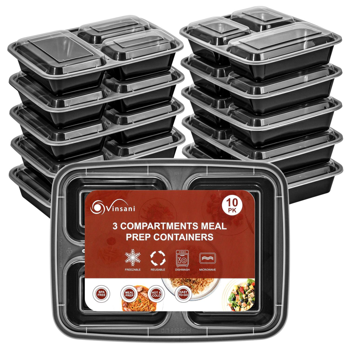 Vinsani 3 Compartment Meal Prep Containers with Leak-Resistant Lids, BPA-Free Plastic, Microwave Freezer Dishwasher Safe, Stackable Reusable Food Storage Containers