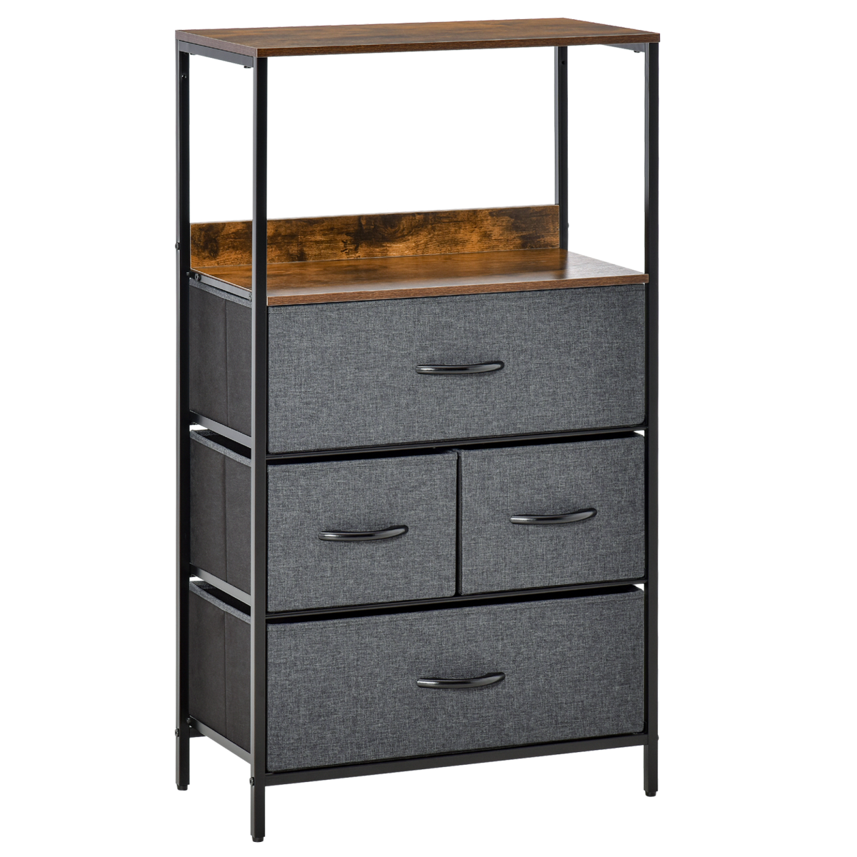 4 Drawer Storage Chest with Shelves, Black Metal Frame and Fabric Drawers