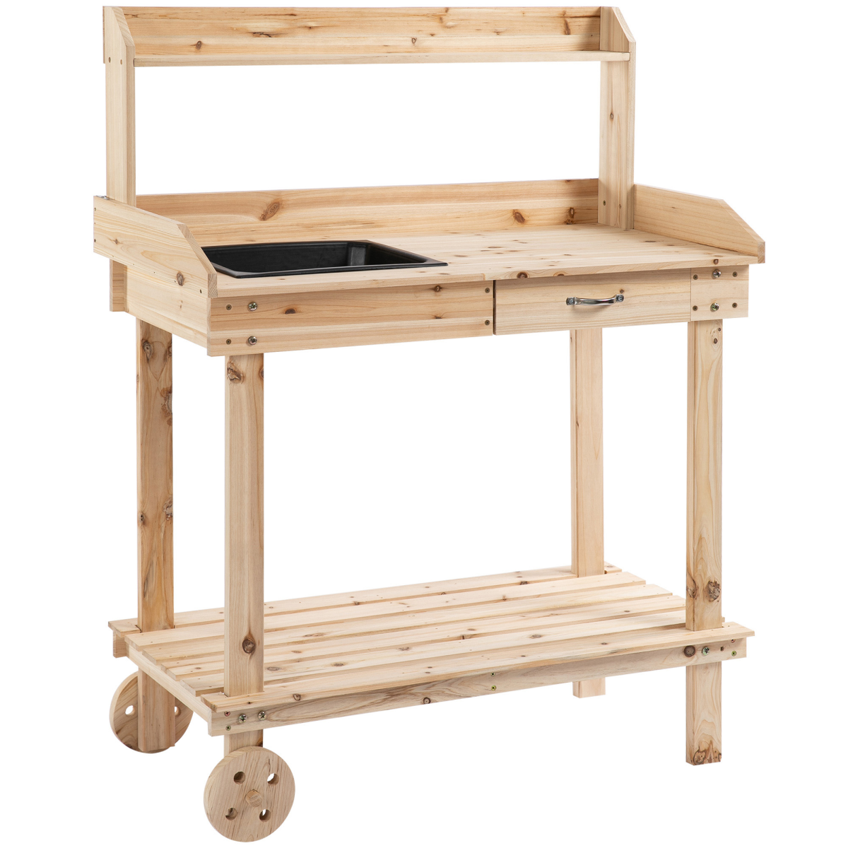 Outsunny Wooden Potting Table with Removable Sink, Drawer, Shelves and 2 Wheels, 92 x 45 x 119cm