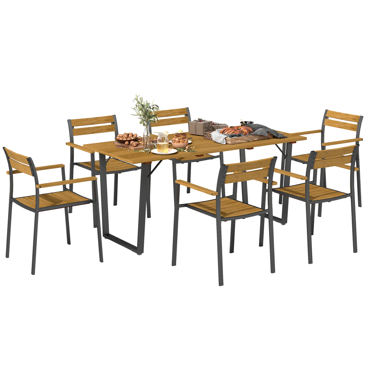 Outsunny 7 Piece Brown Garden Dining Set with Table and Stackable Chairs