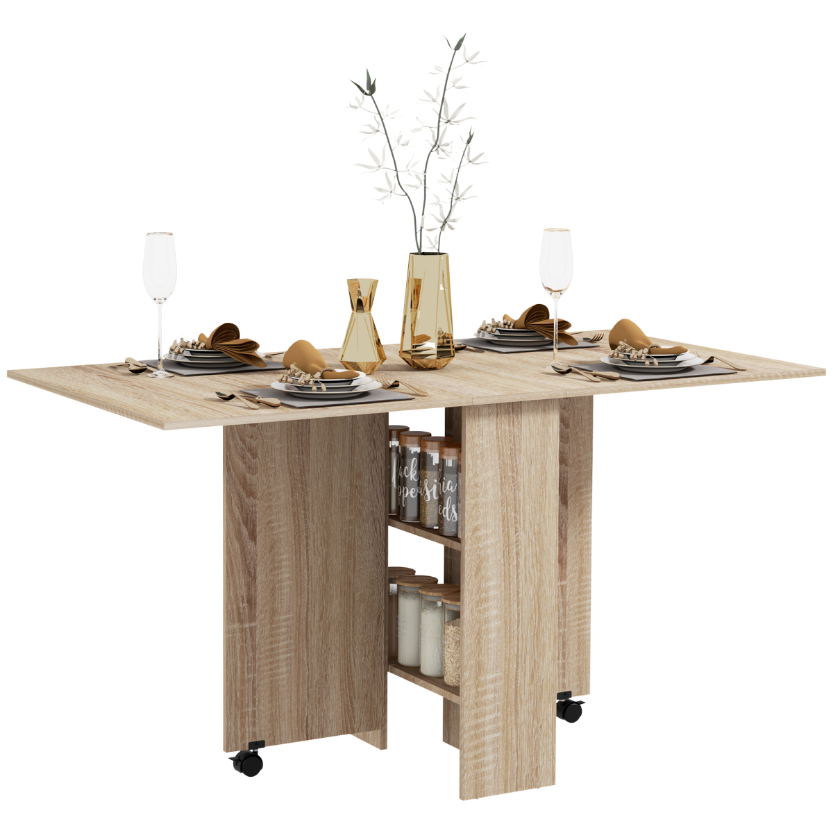 HOMCOM Mobile Drop Leaf Extendable Dining Table with Storage Shelves and Locking Wheels