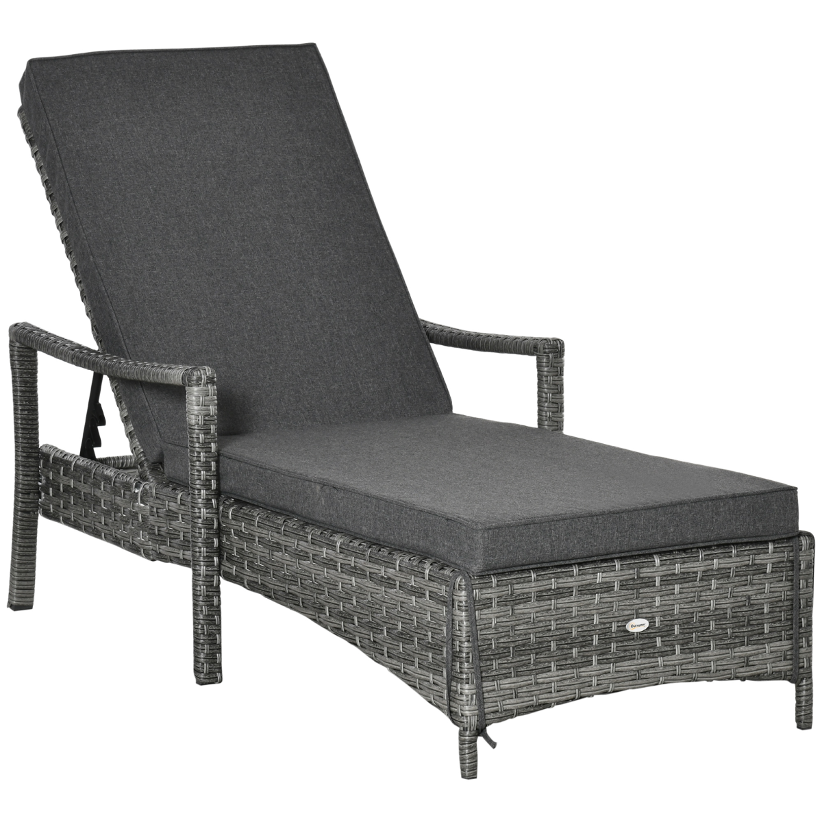 Outsunny Grey Rattan Sun Lounger Chair with Cushion, 4-Position Recline