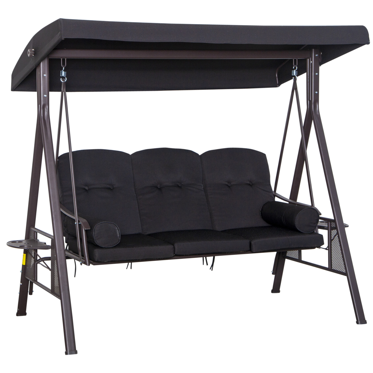 Outsunny 3 Seater Garden Swing Chair with Canopy & Cup Trays, Black