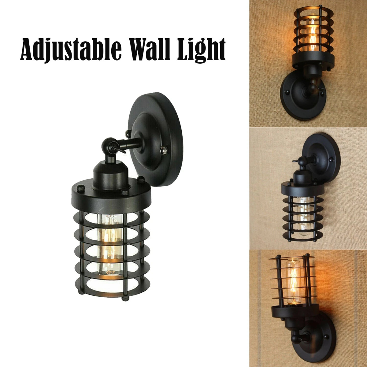 Vintage Black Metal Adjustable Wall Sconce with Metal Cage and E27 Base