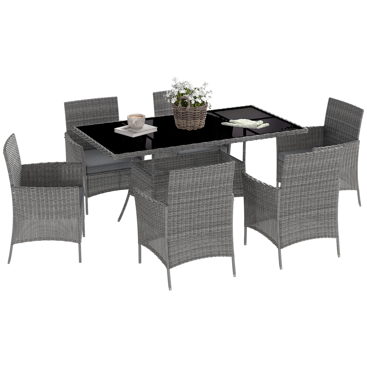 Outsunny 7-Piece Outdoor Rattan Dining Set for 6 with Cushions and Glass Top Table