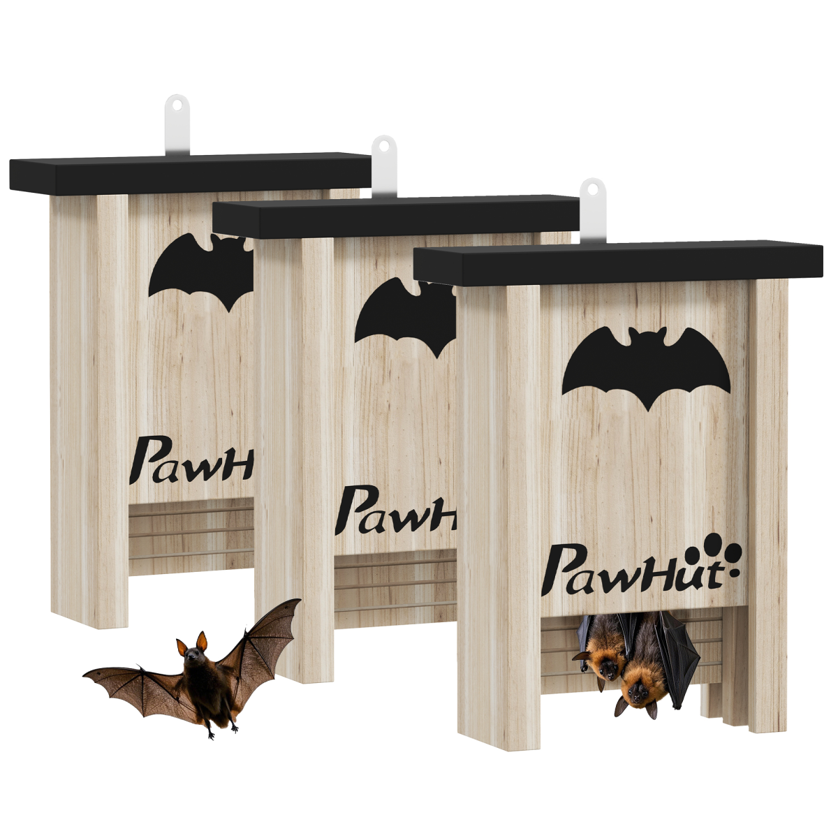 PawHut 3 Pack Bat Boxes, Fir Wood Bat Houses with Hook, 18 x 6 x 22.5 cm, Natural Wood Finish