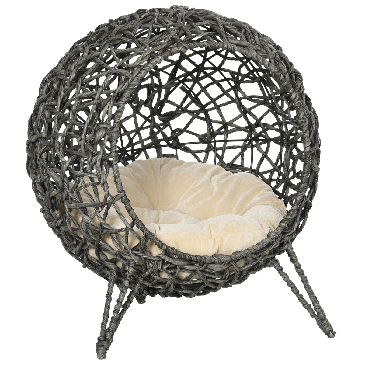 PawHut Elevated Rattan Cat House with Cushion, Grey