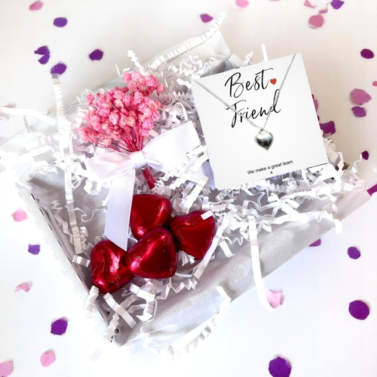 Best Friend Mini Gift Hamper with Silver Heart Necklace, Milk Chocolate Hearts and Mini Flower Bouquet | Letter Box Friendly Gift for Her