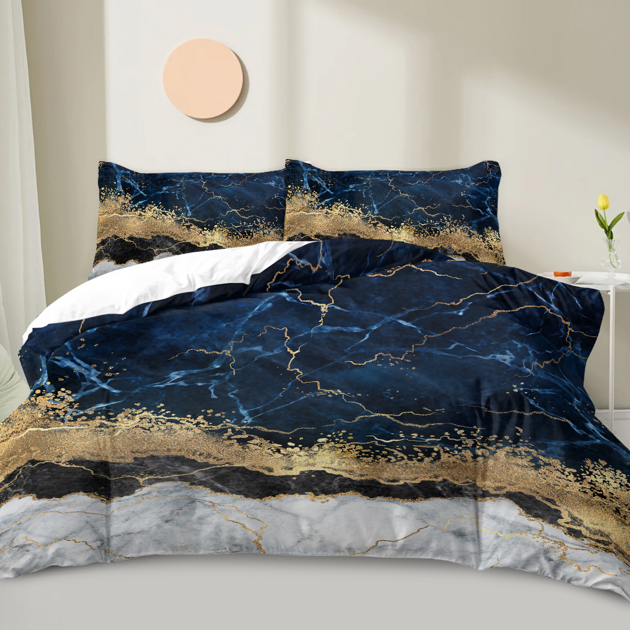 White and Navy Blue Marble Print Duvet Cover Set, Double, 1 Duvet Cover and 2 Pillowcases