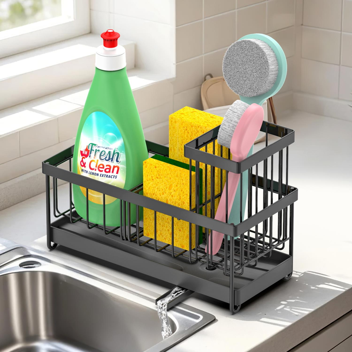 Vinsani Black Sink Sponge Holder with Removable Dividers and Compartments