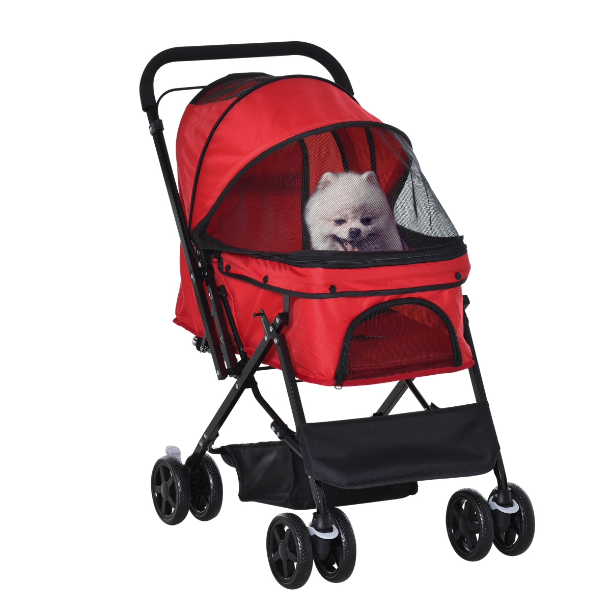 Foldable Pet Stroller for Small Dogs and Cats with Reversible Handle, Brake Wheels, Storage Basket