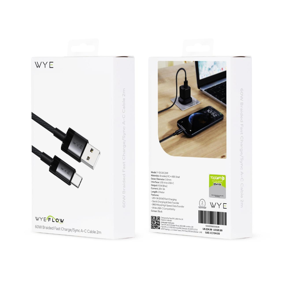 WYE 60W USB-A to USB-C Braided Fast Charge & Sync Cable, 2m, Black