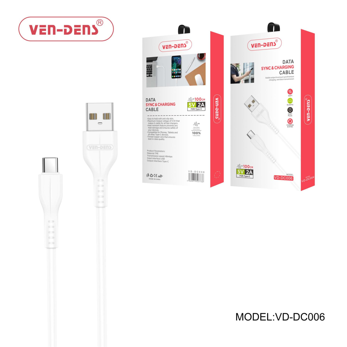 Ven-Dens USB to Type-C Charging Cable 2A, 1 Metre, White