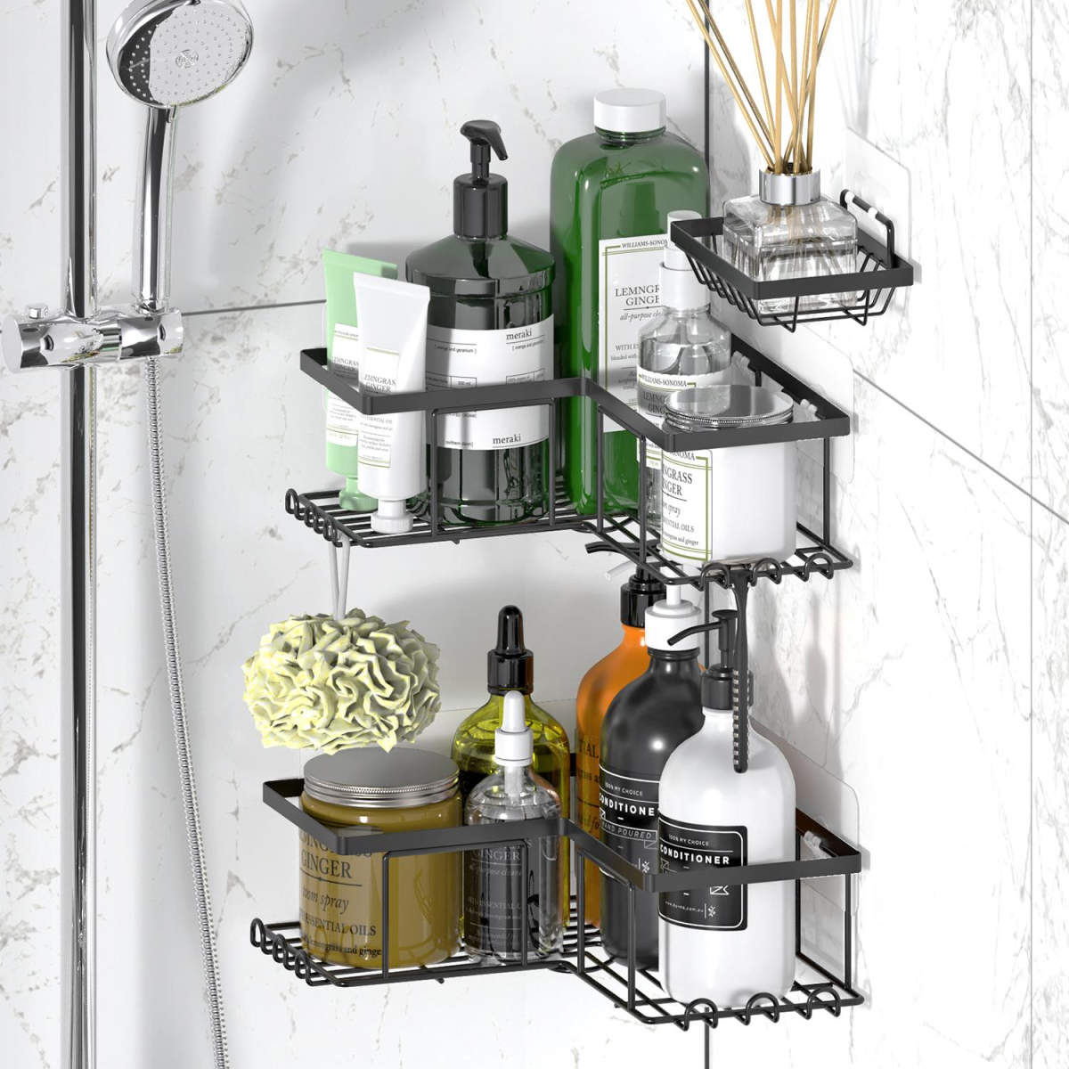 Vinsani 3-Piece L-Shape Corner Shower Caddy with Adhesive, Stainless Steel, Rustproof Storage Organizer