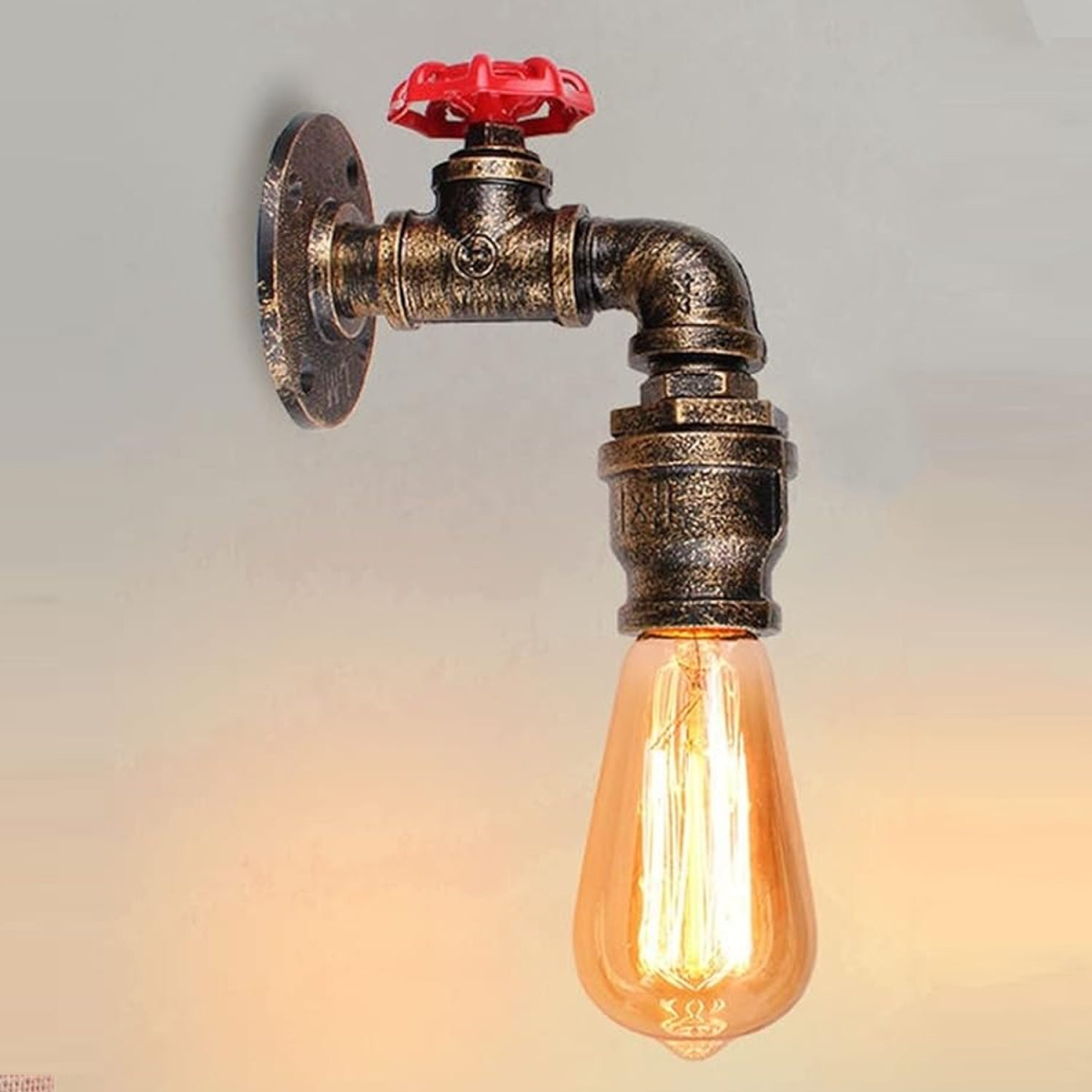 Rustic Red Industrial Water Pipe Wall Light with E27 Bulb