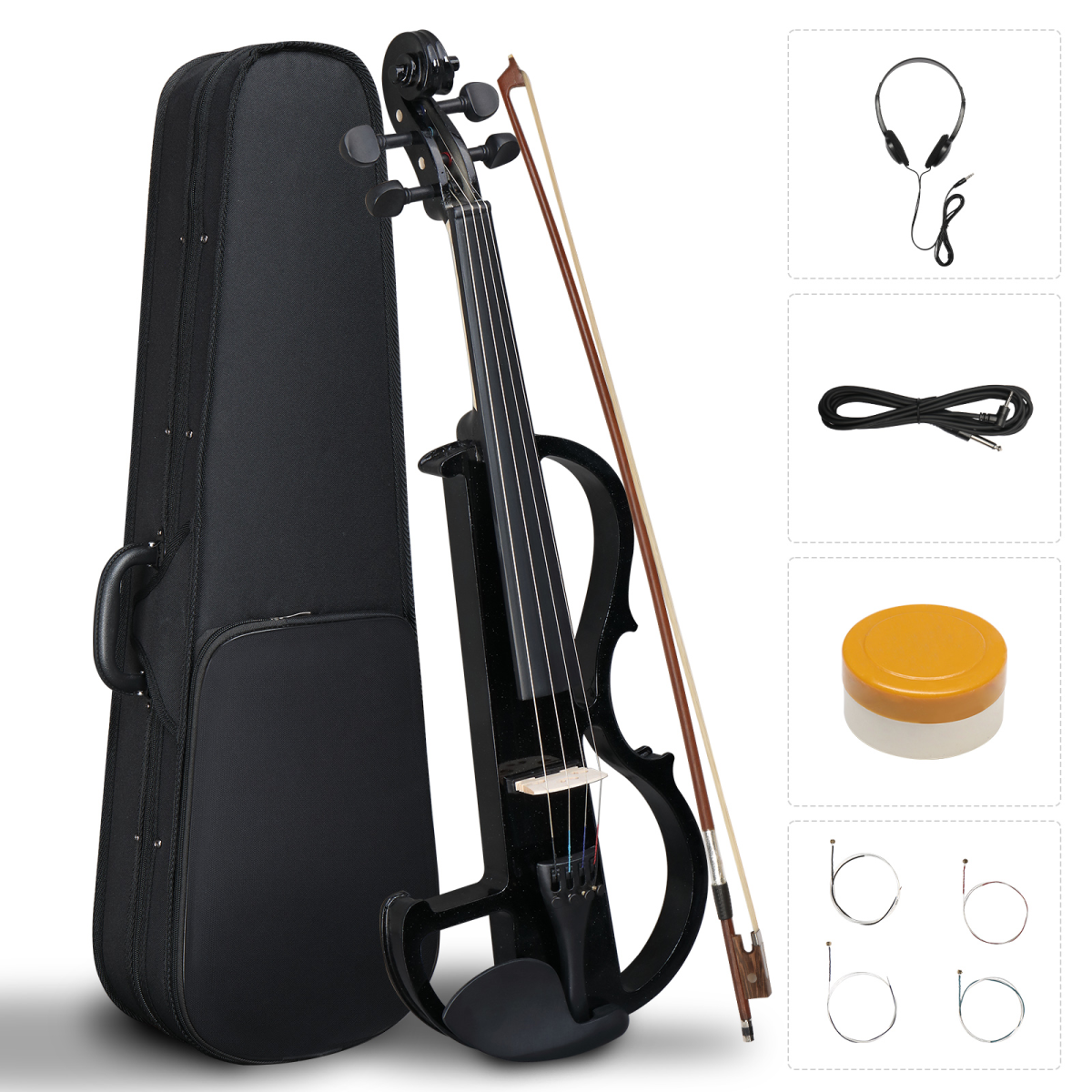 Full Size 4/4 Electric Silent Violin with Case, Bow, Rosin, Headphone, Connecting Line, Black