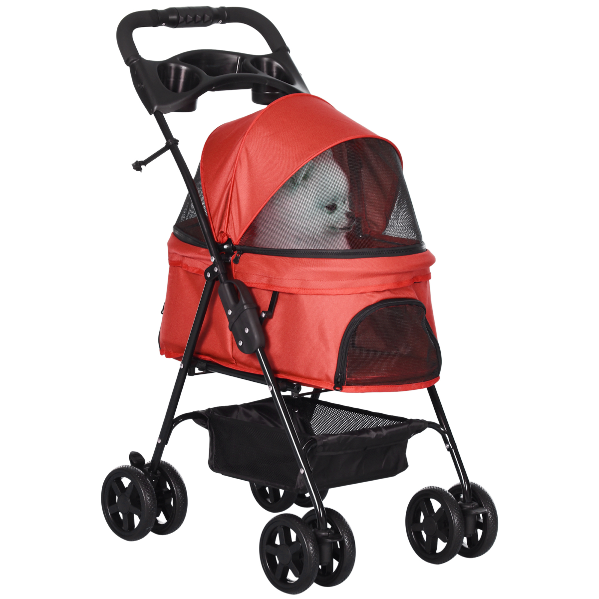 No-Zip Foldable Pet Stroller with Brake Wheels, Adjustable 4-Position Canopy, Basket, Safety Leashes, Steel Frame
