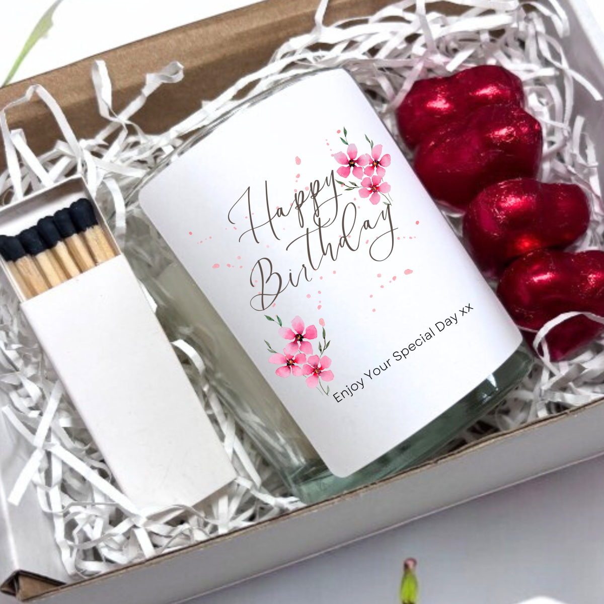 Pink Flower Happy Birthday Candle Gift Set with Chocolates and Matches in Gift Box