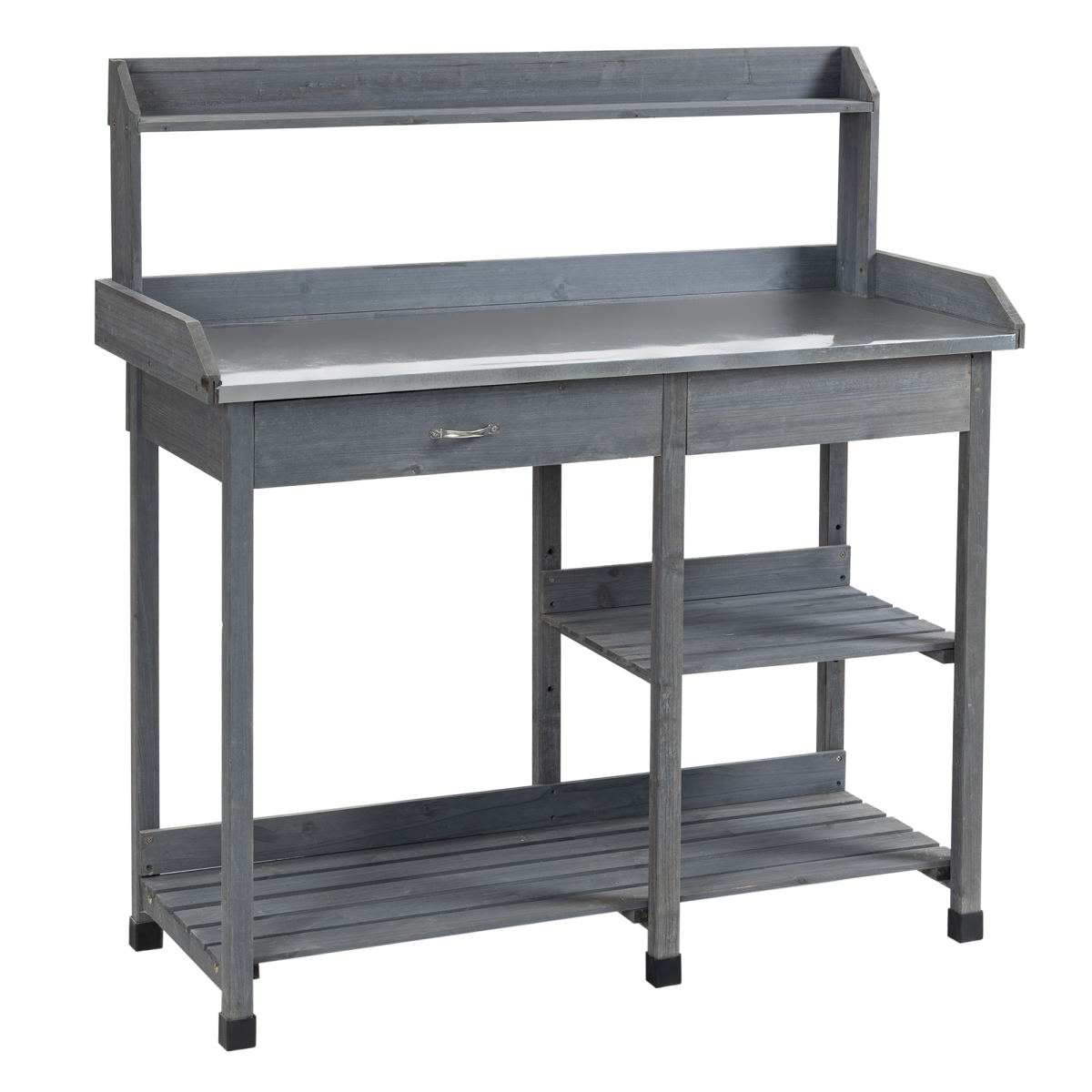 Outsunny Garden Potting Workstation Bench with Galvanized Metal Tabletop, Drawer, Shelves and Tool Hooks