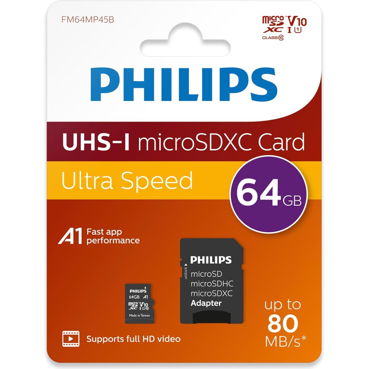 Philips 64GB Micro SDHC Class 10 Memory Card with Adapter