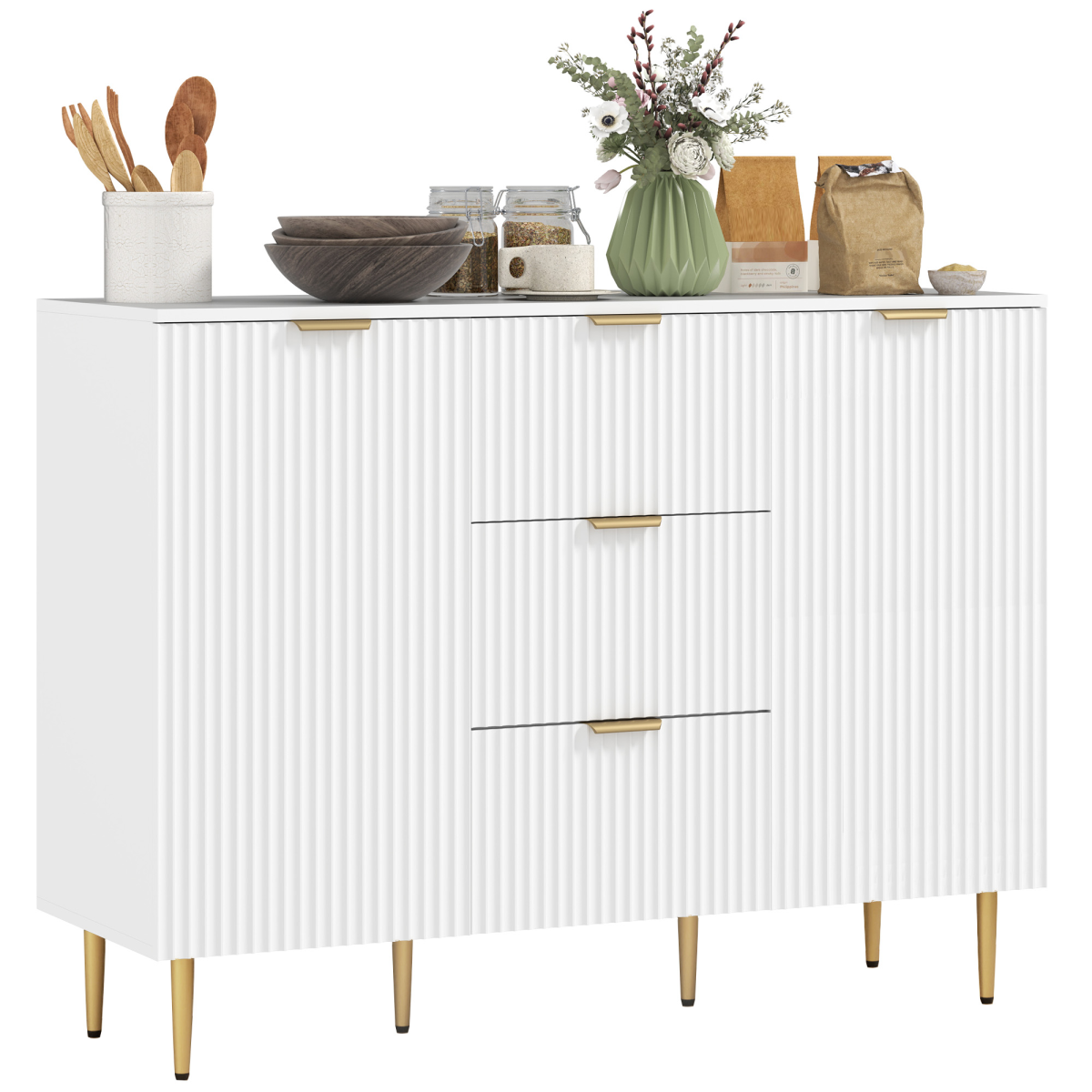 White Storage Cabinet with 3 Drawers, 2 Cabinets & TV Stand