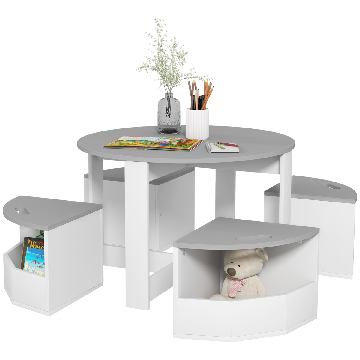AIYAPLAY 5-Piece Kids Table and Chairs Set with Storage, Grey/White