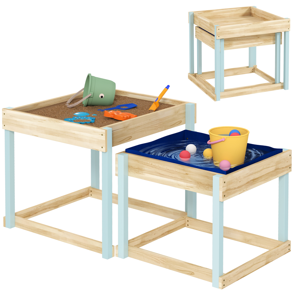AIYAPLAY 2-Piece Wooden Sand & Water Play Tables with Liner