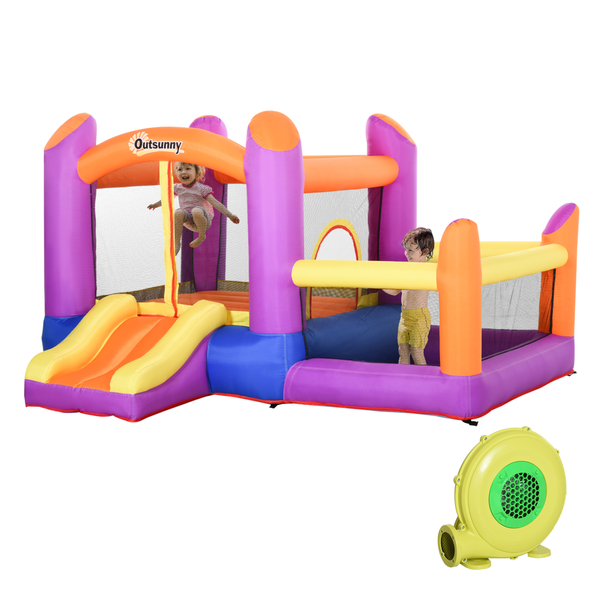 Outsunny Inflatable Bouncy Castle with Slide and Pool, Electric Blower Included, Multi-Color