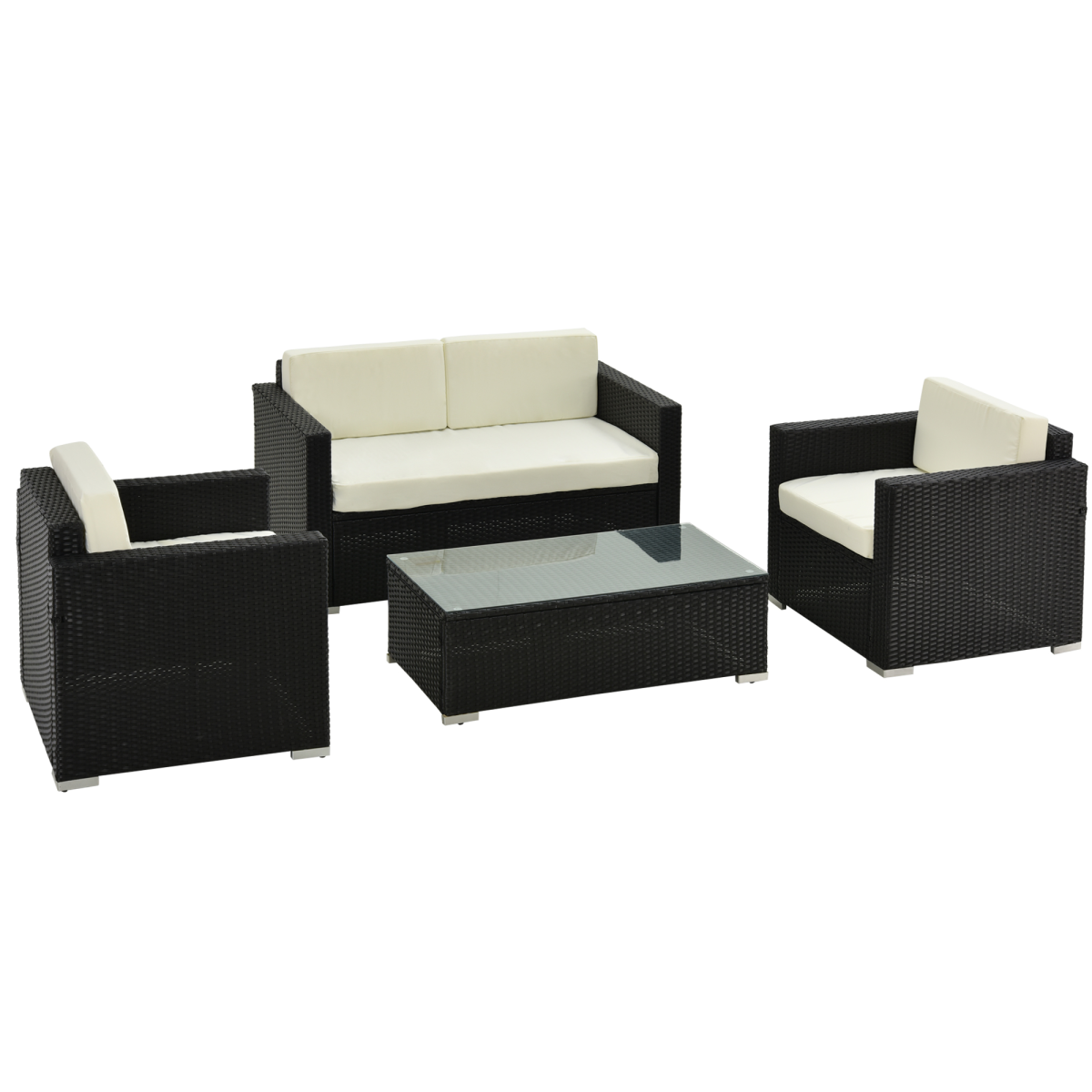Outsunny 4-Piece Outdoor Rattan Wicker Sofa Set with Coffee Table, Cushioned, Steel Frame, Black