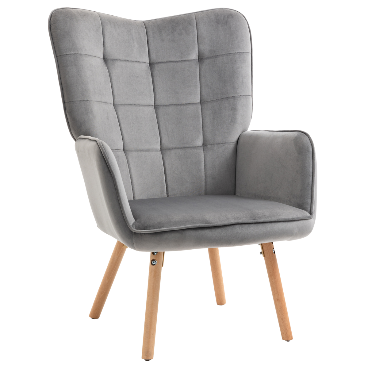 HOMCOM Modern Grey Velvet-Touch Tufted Wingback Accent Chair with Wooden Legs