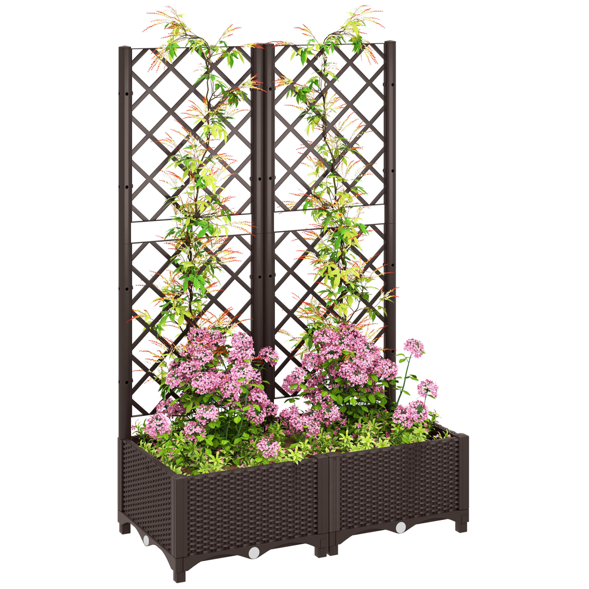 Outsunny Brown PP Planter Box with Trellis and Drain Plugs