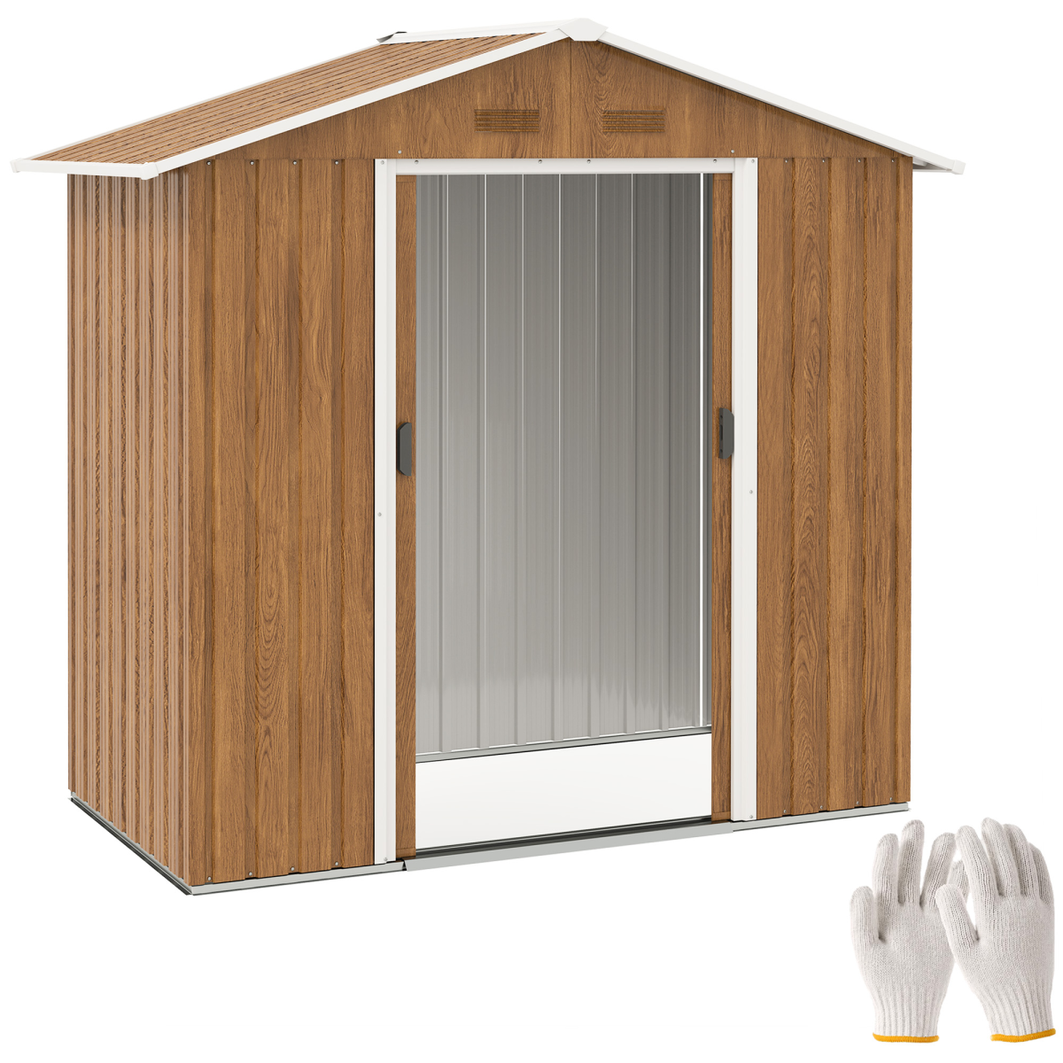 Outsunny 6.5 x 3.5ft Galvanised Steel Garden Shed, Brown Wood Effect