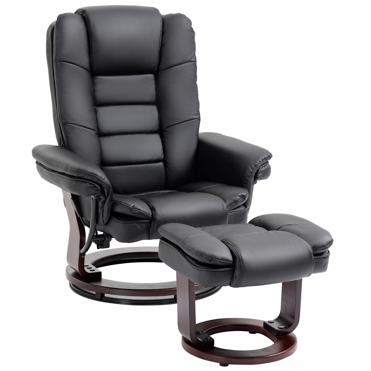 Swivel Manual Recliner and Footrest Set, PU Lounge Chair with Wooden Base, Black