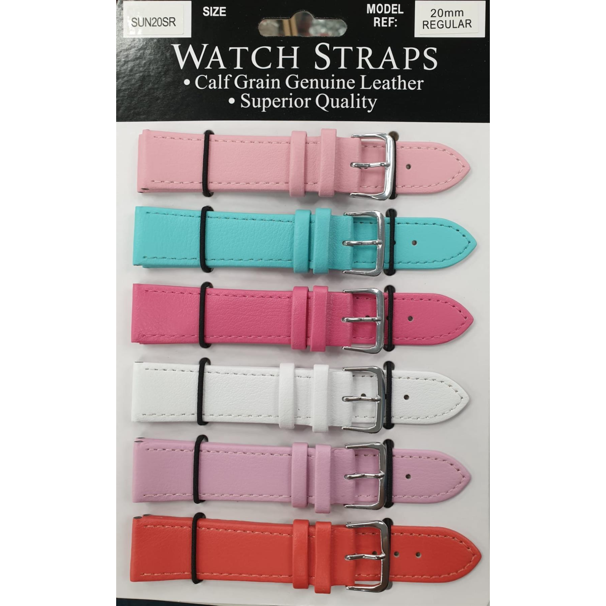 SUNSR Mixed Colour Calf Leather Watch Straps, Card of 6, Silver Buckle