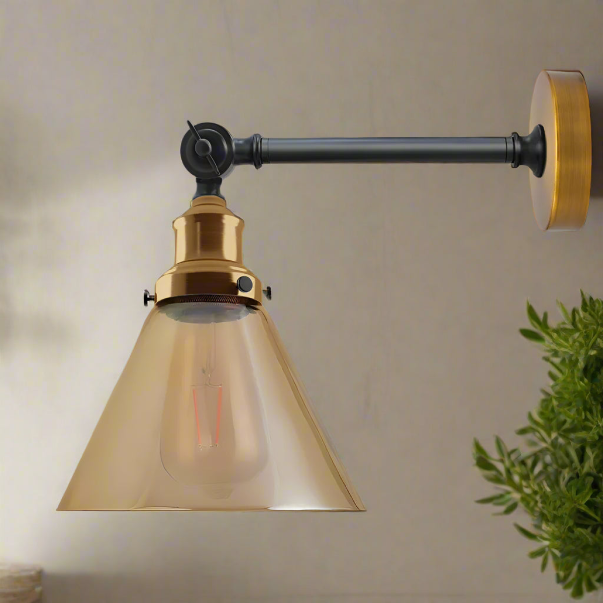 Adjustable Amber Glass Wall Light with Copper-Plated Base, Vintage Industrial Bedside Lamp