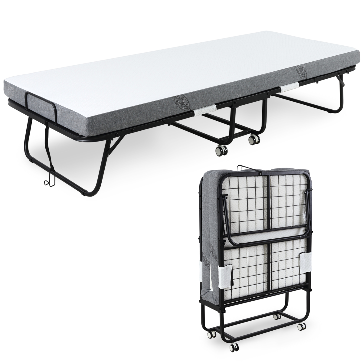 HOMCOM Folding Bed with 10cm Mattress, Portable Foldable Guest Bed, Metal Frame, 4 Wheels, 150kg Max Load