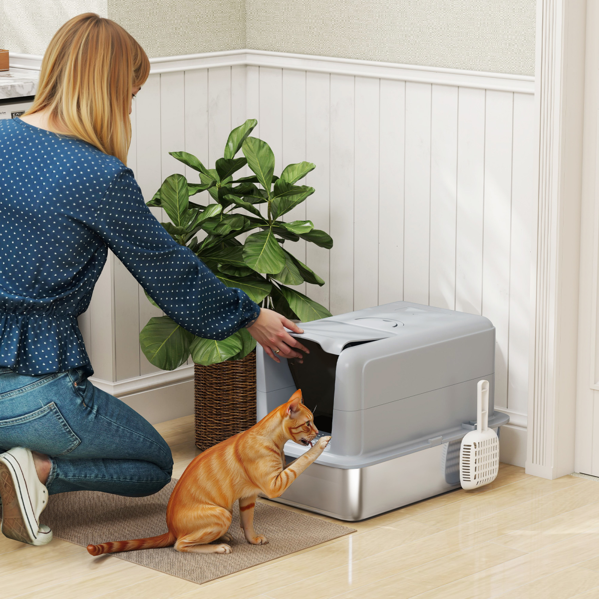 Enclosed Stainless Steel Cat Litter Box with Scoop and Filter Bags, No Assembly Required