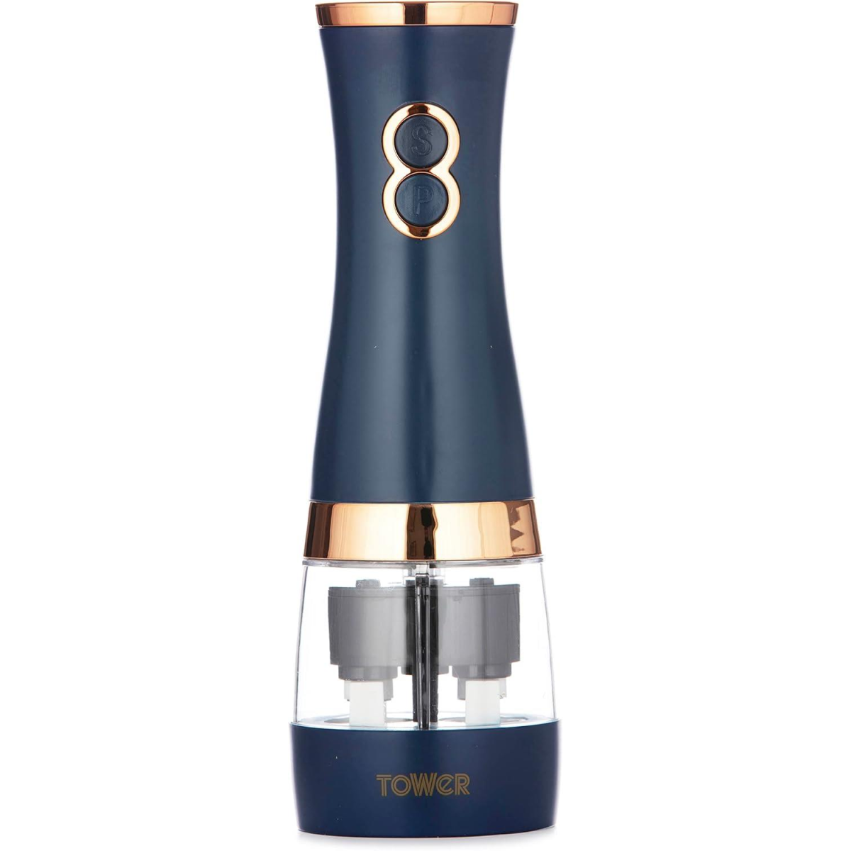 Tower Battery Operated Dual Salt and Pepper Mill with Adjustable Ceramic Grinders, Midnight Blue and Rose Gold