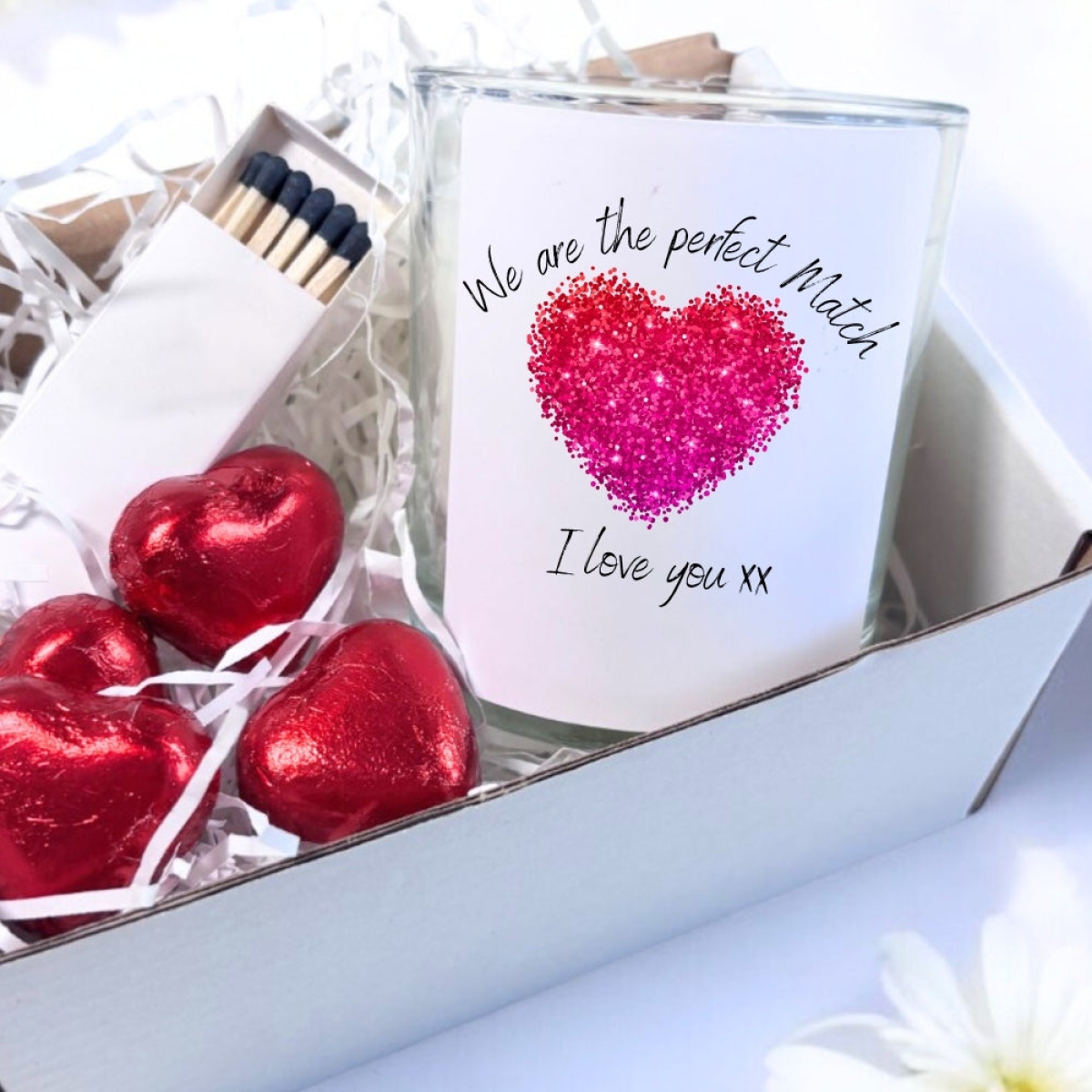 Perfect Match Glass Candle Gift Set with Chocolates and Matches for Wedding, Engagement, Anniversary and Valentine’s Day