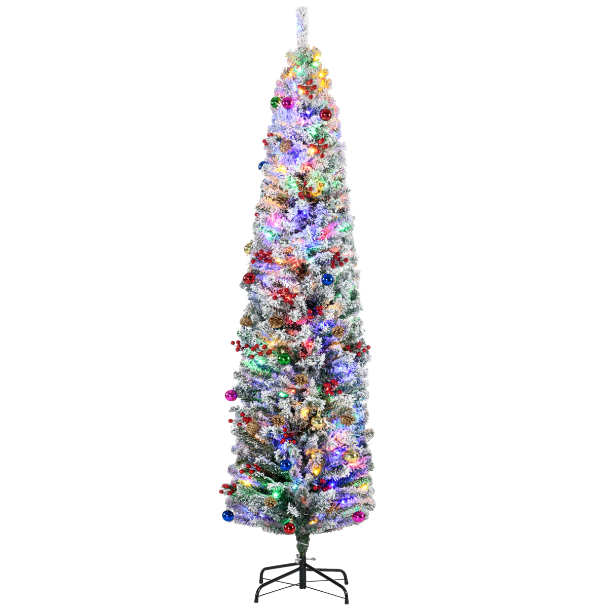 HOMCOM 7ft Artificial Christmas Tree with Flocked Tips, LED Lights & Decorations