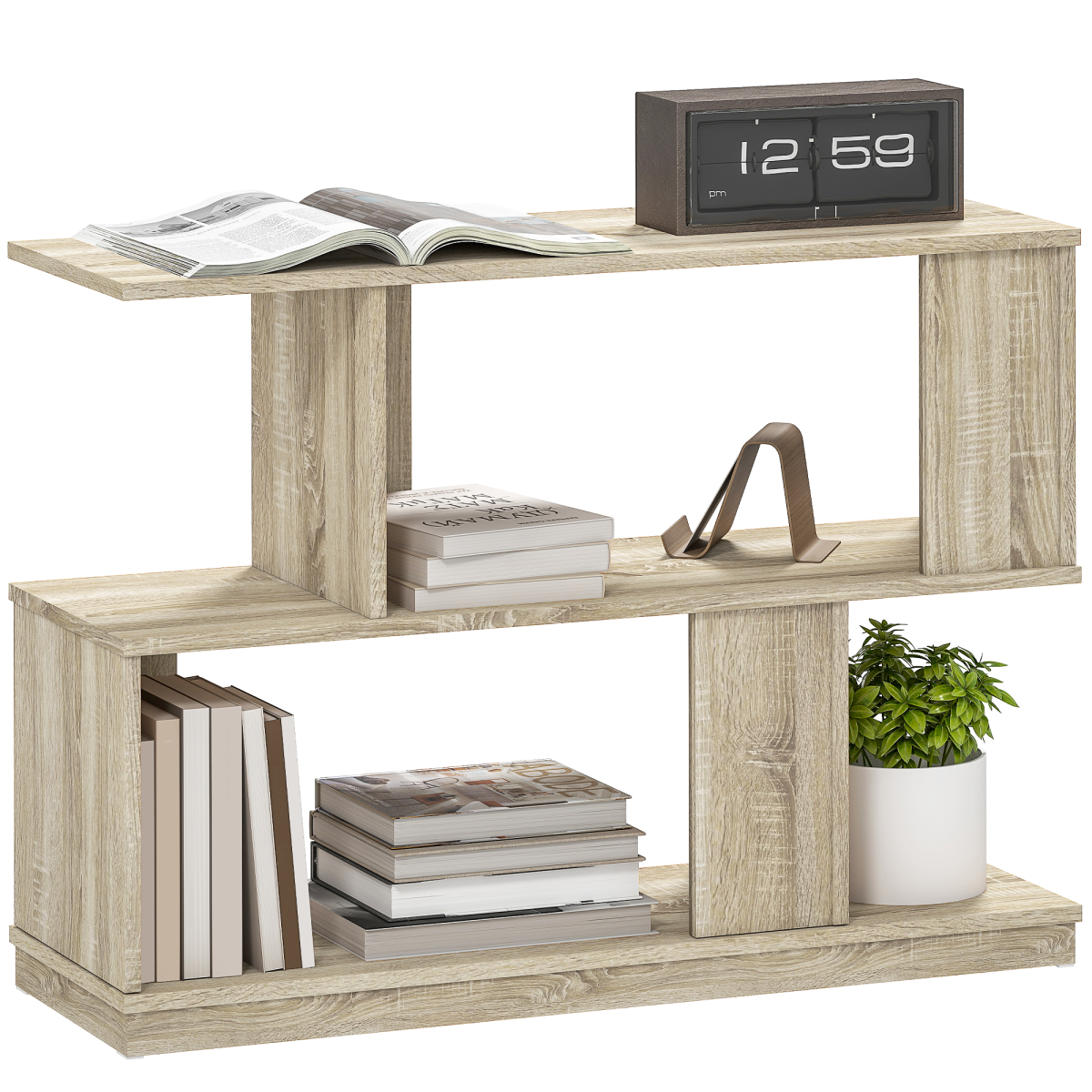 HOMCOM 3-Tier S-Shaped Narrow End Table, Natural Wood Finish