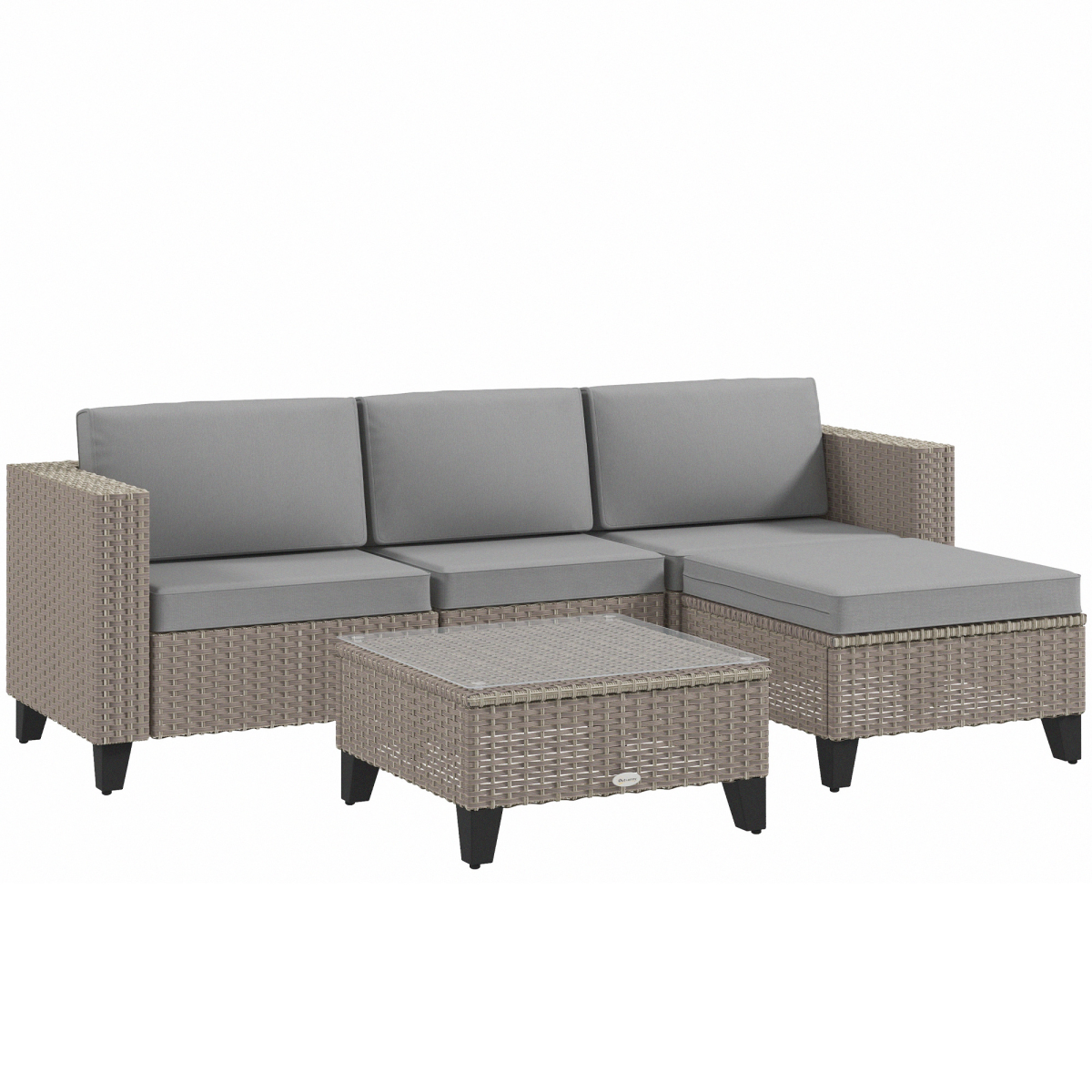 Outsunny 5 Piece Rattan Garden Furniture Set with Glass Top Coffee Table and Cushions, Brown