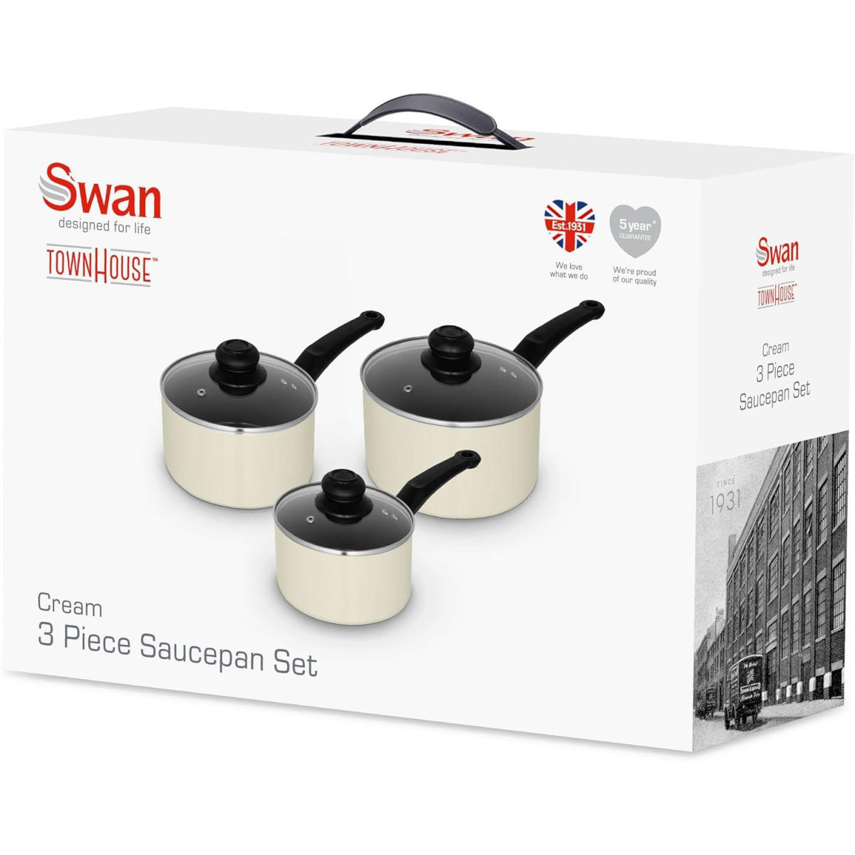 Swan Townhouse 3 Piece Aluminium Ceramic Non-Stick Saucepan Set Cream