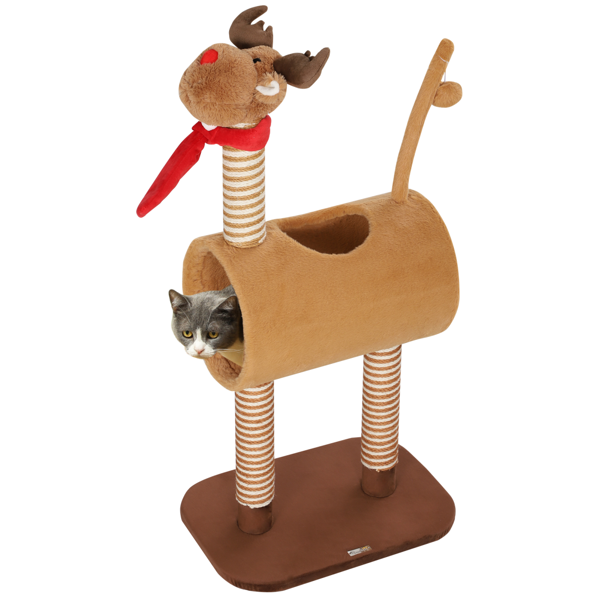 PawHut Deer-Themed Cat Tree with Tunnel and Toy Ball