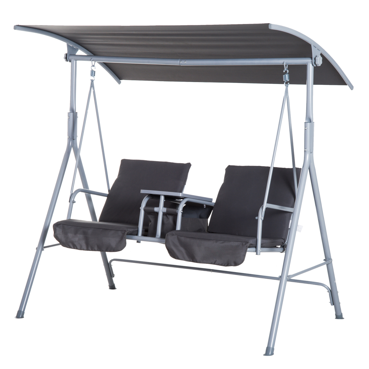 Outsunny Grey Steel Frame 2-Seater Swing Chair with Table and Cup Holders