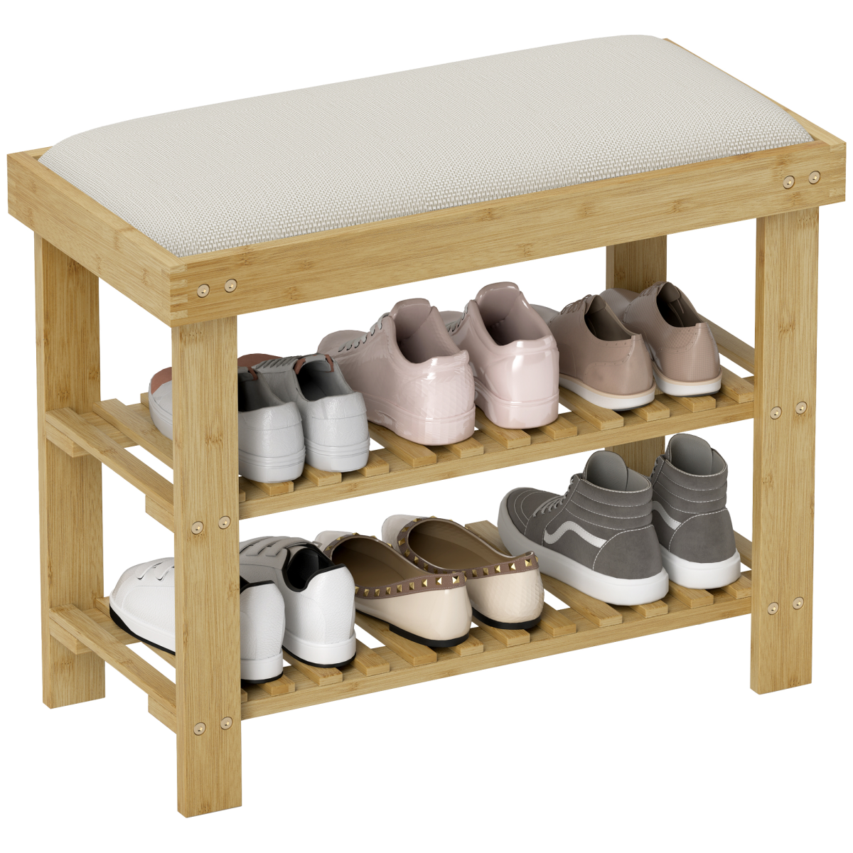 HOMCOM Bamboo 2-Tier Shoe Storage Bench with Cushion, Cream White