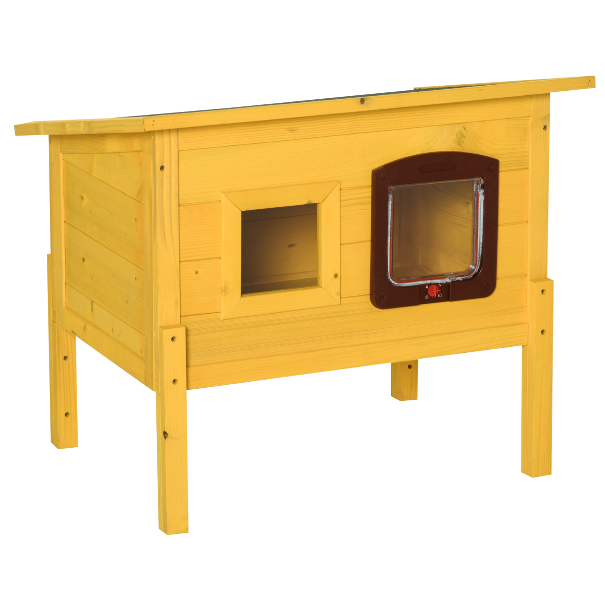 Wooden Outdoor Cat House with Openable Roof, Waterproof Asphalt Roof, Transparent Window, Lockable Door, Detachable Legs, Solid Fir Wood Frame